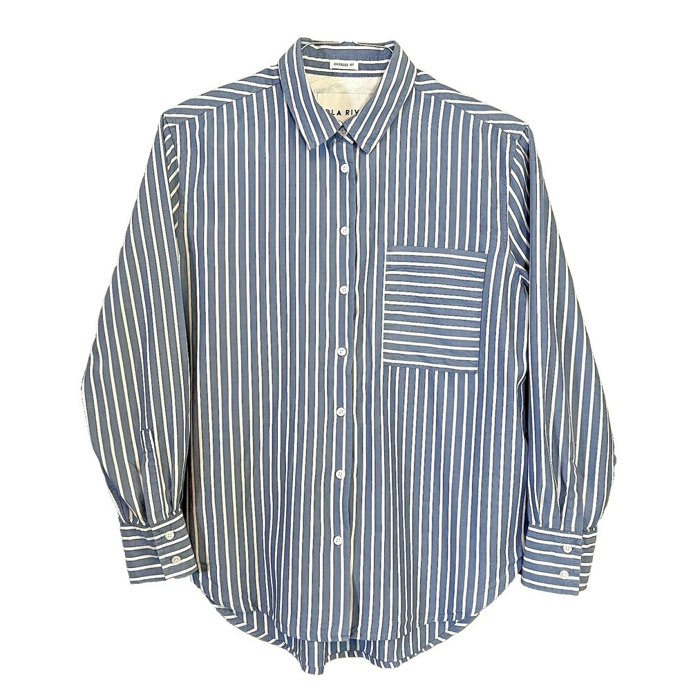 Lola River‎ Women's Blue and White Striped Button-Up Shirt Oversized Fit S